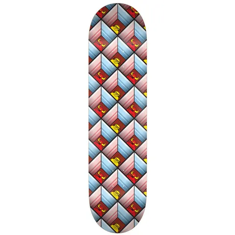 Toy Machine Cubist 8.50 skateboard deck: A repeating geometric pattern of stacked cube shapes in pale blue and pink gradients, each with a small red devil and yellow Sect-style face motif, covers the whole deck.