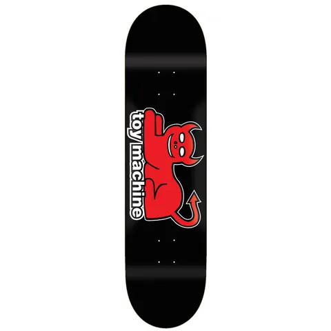 Toy Machine Devil Cat 7.63 skateboard deck: A red horned devil cat with a pointed tail lies beside the white-outlined vertical toy machine wordmark on a plain black deck.