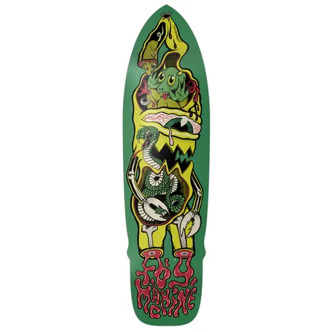 Toy Machine Dissect Sect 8.50 skateboard deck: Cut-away illustration of a yellow-green monster standing upside down, its body opened to show a snake, bones, an eyeball and a small frog-like creature inside. Drippy red lettering runs along the tail on a green cruiser-shaped deck.