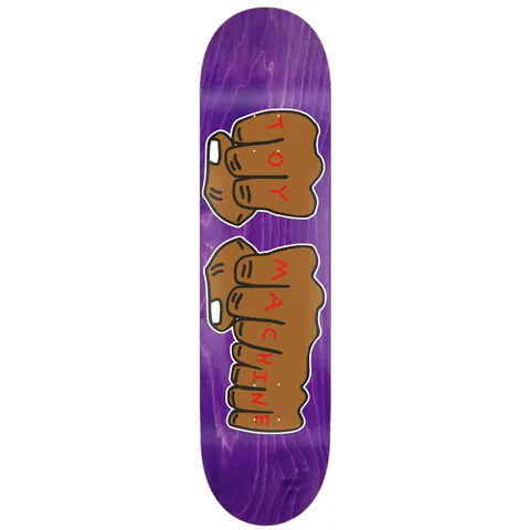 Toy Machine Fists 7.75 skateboard deck: Two brown cartoon clenched fists, like knuckle tattoos, with TOY and MACHINE in red letters across the knuckles, on a purple stained deck.