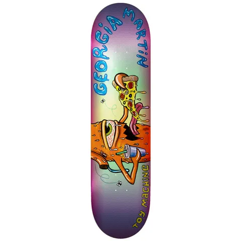 Toy Machine Georgia Martin Pizza 8.00 skateboard deck: Cartoon of an orange one-eyed creature lying down eating a slice of pizza and sipping a drink, with flies buzzing around, under blue dripping lettering reading Georgia Martin on a purple, green and pink gradient.