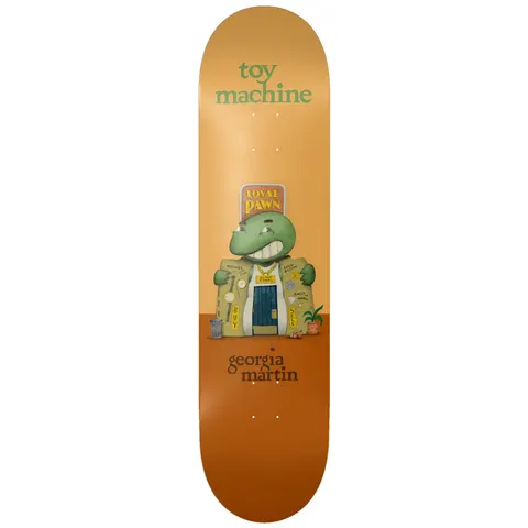 Toy Machine Georgia Martin Roadside 8.25 skateboard deck: A green turtle-like monster with a toothy grin standing as a pawn shop, with a Loyal Pawn sign on its head, gold chain, watches and Buy and Sell signs on its coat, on an orange two-tone background.