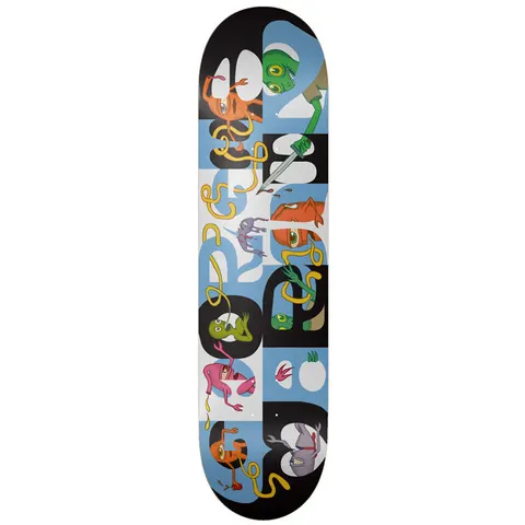 Toy Machine Georgia Georgia Martin 8.38 skateboard deck: Cartoon creatures in orange, green, pink and purple tangle with yellow worm-like noodles, interleaved with giant black and white letters on a pale blue background. One green creature holds a knife.