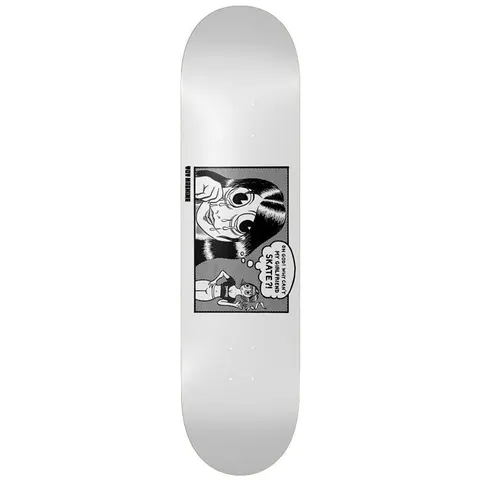Toy Machine X Thrasher Girlfriend 8.25 skateboard deck: White deck with a black and white comic-panel illustration of a wide-eyed, tearful girl with a bob haircut and a small figure in a bikini, with a thought bubble asking why her girlfriend can't skate. Vertical credit text beside the panel.