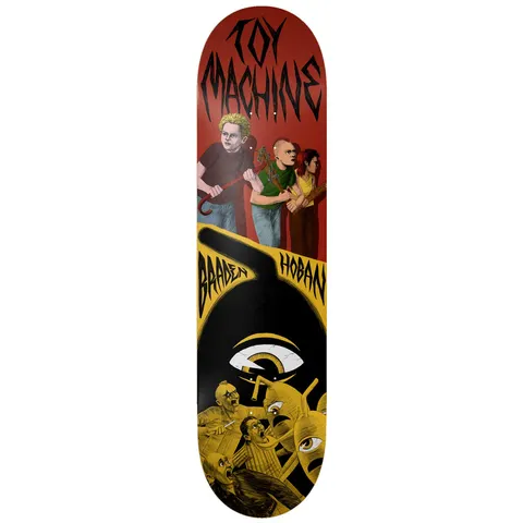 Toy Machine Braden Hoban Horror Show 8.25 skateboard deck: Illustrated scene with three punk teenagers armed with sticks on a red upper half, above a yellow and black lower half with a giant eye and screaming people menaced by antennaed creatures. Toy Machine and Braden Hoban in jagged lettering.