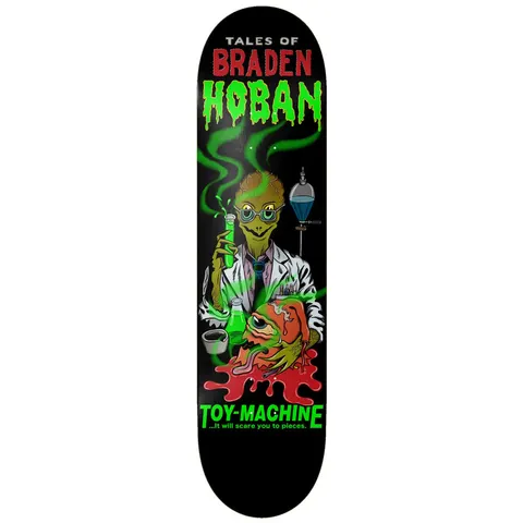 Toy Machine Braden Hoban Mad Scientist 8.38 skateboard deck: Horror comic style illustration of a green lizard-like scientist in a lab coat holding a bubbling test tube beside a bloody, one-eyed creature on a black deck. Dripping green Hoban lettering and a tagline at the foot.