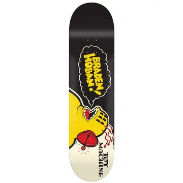 Toy Machine Braden Hoban Toons 8.25 skateboard deck: A yellow cartoon head with an open mouth and a small red siren on its neck shouts a smoke-cloud speech bubble reading BRADEN HOBAN! on a black and cream deck. The brand name runs up the lower edge.