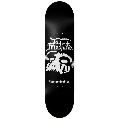 Toy Machine Jeremy Leabres Diamond 8.50 skateboard deck: White heavy-metal style Toy Machine logo with bat and inverted cross above a large white skull with crosses for eyes and sketchy record-like marks, on a black deck. Rider name in gothic lettering below.