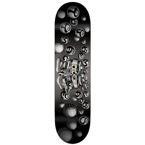 Toy Machine Jeremy Leabres Bond Of Union 8.25 skateboard deck: Monochrome grey-black deck with a bandaged mummy-like creature with a single eye, surrounded by floating spheres marked with black swirls.