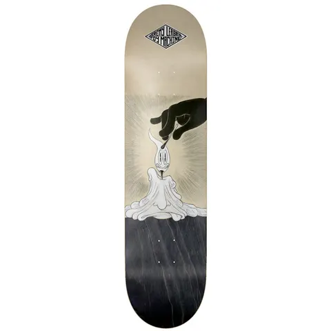 Toy Machine Jeremy Leabres / Ladouceur 8.38 skateboard deck: Black hand lighting a melted candle whose flame is a cartoon face, with light rays behind, on a split cream and dark grey wood deck. Diamond logo at the top.
