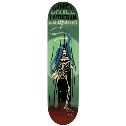 Toy Machine Daniel Lutheran Curtain 7.88 skateboard deck: Skeleton with a one-eyed fanged monster head smoking a cigarette, peeking from behind blue curtains against a pale green moon. Rider name in drippy green lettering at the top, with a red-brown stage floor at the bottom.