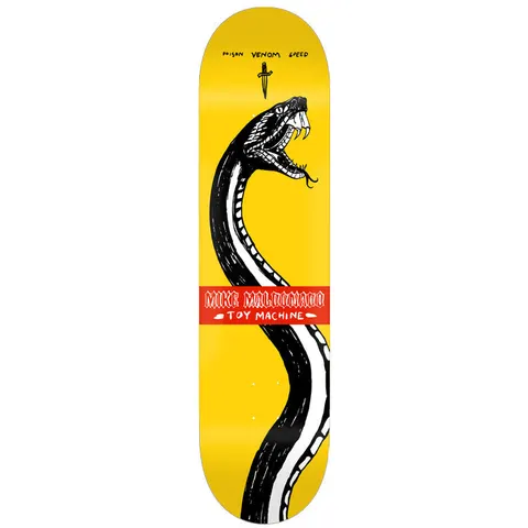 Toy Machine Mike Maldonado Snake 8.38 skateboard deck: Tall black and white snake rearing with open fangs on a yellow deck, with a dagger and the words poison venom speed above and a red band carrying the rider and brand names.
