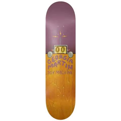 Toy Machine Georgia Martin Fence 8.38 skateboard deck: A small grey robot-like machine with a lit '00' display, antenna, red lights and lightning bolts sits at the split between a purple upper half and orange-stained wood lower half. 'Georgia Martin' and 'Toy Machine' are in purple lettering below.