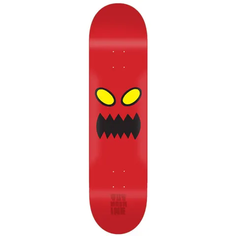 Toy Machine Monster Face 8.00 skateboard deck: Plain red deck with the Toy Machine monster face: two yellow oval eyes with black outlines above a jagged black toothy mouth. Small dark red Toy Machine lettering near the tail.