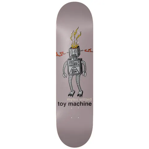 Toy Machine Myles Willard Robot Fire 8.25 skateboard deck: Hand-drawn grey toy robot with a burning head, sparks and red lightning squiggles at its sides, standing on a mauve-grey deck above the rider name and Toy Machine wordmark.