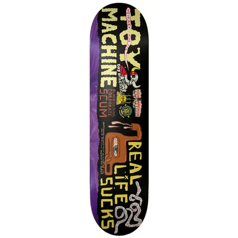 Toy Machine Neverending 8.25 skateboard deck: Collage of Toy Machine imagery on a black deck: large yellow TOY MACHINE lettering, a skull-headed figure, small monster logos, a brown one-eyed blob character and the words REAL LIFE SUCKS, with a purple stained edge on the left.
