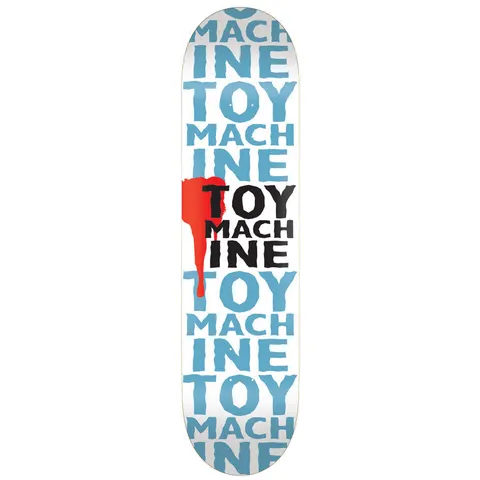 Toy Machine New Blood Pp 7.63 skateboard deck: White deck with repeating pale blue TOY MACHINE lettering split over lines down its length, and a smaller black TOY MACH INE logo with a red paint splash at the centre.