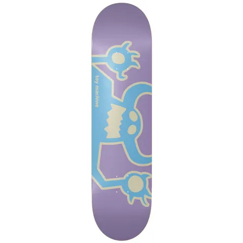 Toy Machine Og Monster 8.50 skateboard deck: Large pale blue Toy Machine monster with cream outlines, raised arms and clawed round hands, on a lilac deck. Small toy machine wordmark in cream on the left.
