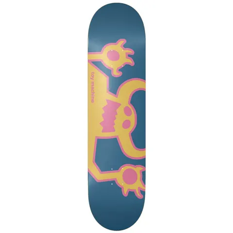 Toy Machine Original Monster 8.25 skateboard deck: Simple outlined Toy Machine monster in yellow with pink details and arms raised, on a flat slate-blue deck, with small pink lettering down the left side.