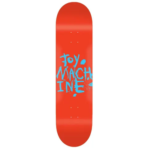 Toy Machine Paint Red Pp 7.75 skateboard deck: The Toy Machine name painted in rough, brushy light-blue letters, broken over four lines with paint splatters, on a flat red deck.