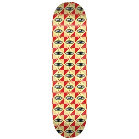 Toy Machine Pattern Logo 8.50 skateboard deck: A repeating all-over grid of Toy Machine's eye logo, each in a red and cream checkered diamond with small starburst marks, covering the whole deck.