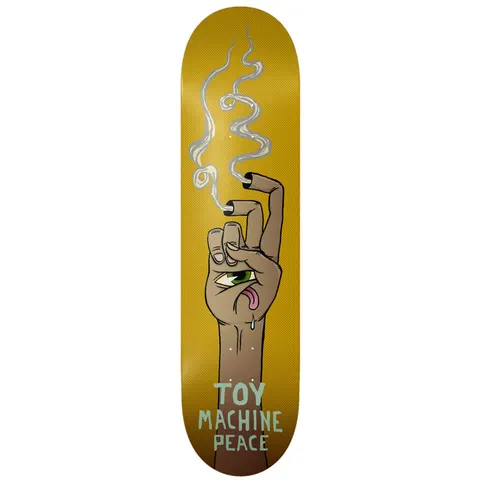 Toy Machine Peace 8.25 skateboard deck: A brown arm and hand in a peace sign with the fingers burnt down like cigarettes, trailing smoke, with a green eye and tongue on the palm. 'Toy Machine Peace' lettering below on a mustard ground.