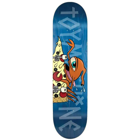 Toy Machine Pizza Sect 7.75 skateboard deck: Toy Machine's one-eyed orange monster with a drooling tongue clings to a slice of pepperoni pizza that has trucks and wheels attached. Large pale Toy Machine lettering runs top and bottom on a blue stained deck.