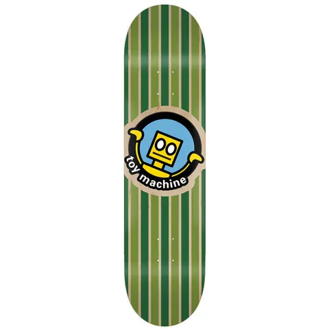 Toy Machine Robot Green 8.75 skateboard deck: A round Toy Machine robot logo, a yellow square-headed robot with raised arms on a blue background, sits centrally over vertical green and natural wood stripes.