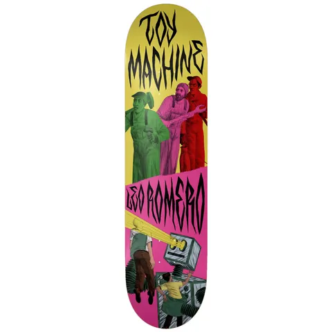 Toy Machine Leo Romero Horror Show 8.50 skateboard deck: Three tinted workmen in green, pink and red overalls stand in a row beneath dripping horror-style 'Toy Machine' lettering, over a yellow and pink split background; below, small figures grapple with box-shaped robots firing beams of light.