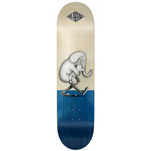 Toy Machine Leo Romero / Ladouceur 8.38 skateboard deck: Soft grey pencil-style illustration of a walking white elephant-like creature hugging a small character, on a cream upper half above a blue-stained lower half. Small diamond logo with rider and brand names at the top.