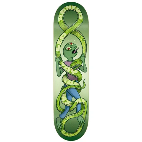Toy Machine Leo Romero Snake 8.25 skateboard deck: A green humanoid alien figure with a third eye, in a purple top and blue jeans, is coiled and bitten by a long green snake that loops in a figure of eight above and below. Pale green gradient background.
