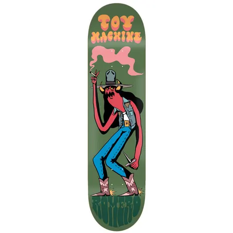 Toy Machine Leo Romero / Stevie Gee 8.13 skateboard deck: A red horned devil in a cowboy hat, denim vest, jeans and star-embellished boots smokes a cigarette and holds a dagger, with pink smoke above. Toy Machine in bubble lettering at top, Romero at the base, on olive green.