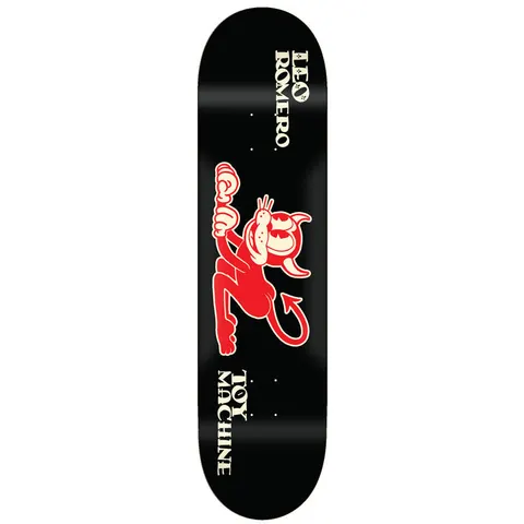 Toy Machine Leo Romero Toons 8.50 skateboard deck: Vintage rubber-hose cartoon red devil cat with horns and tail in a running pose, in red and cream on a black deck, with rider and brand names in cream serif lettering.
