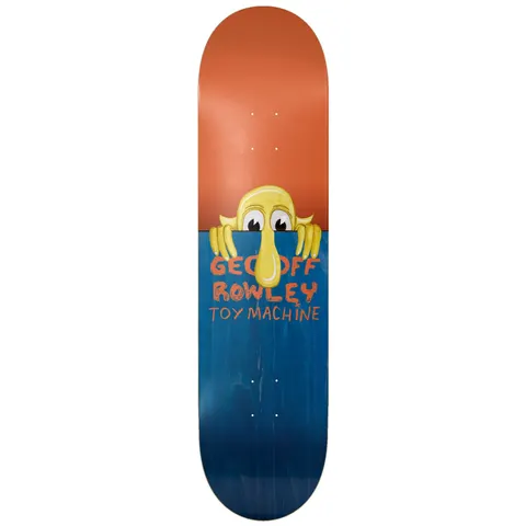 Toy Machine Geoff Rowley Fence 8.50 skateboard deck: A yellow cartoon creature with big eyes and a long nose peeks over the half-way line of a deck split orange above and blue below. Geoff Rowley Toy Machine lettering in orange sits under it.