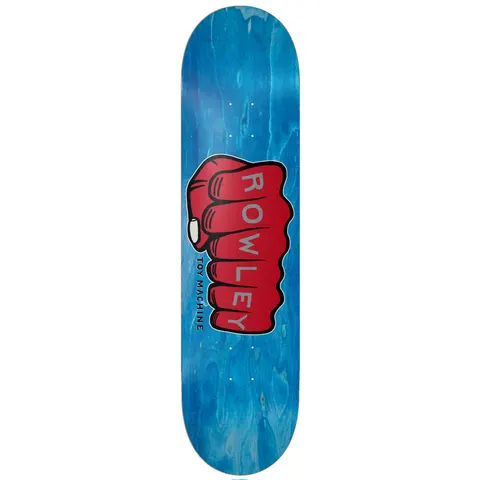 Toy Machine Geoff Rowley Fist 8.50 skateboard deck: A large red clenched fist with the name Rowley printed along its fingers sits on a blue-stained deck, outlined in black. Toy Machine is written up the side of the hand.