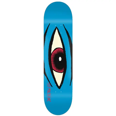 Toy Machine Sect Eye Blue 7.88 skateboard deck: Large Sect eye with a cream eyeball, red iris and black pupil, framed by heavy black lid strokes, on a plain blue deck. 'Toy Machine' in red handwritten lettering runs up the lower side.