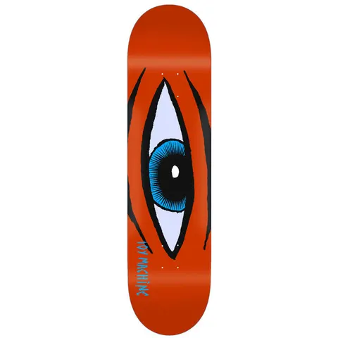 Toy Machine Sect Eye Red 7.63 skateboard deck: A single large blue-irised eye with a black pupil sits in a pointed slit on a red-orange deck, flanked by dark claw-like scratches. Toy Machine is written in blue near the tail.