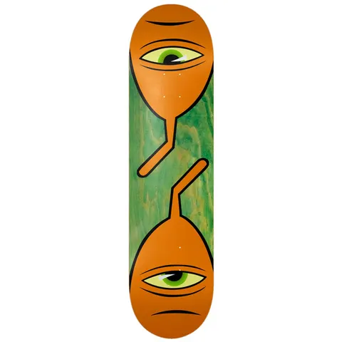Toy Machine Sect Symmetrical 8.25 skateboard deck: Two orange Sect heads with single green eyes and a bent stalk, mirrored top and bottom, over a green stained deck.