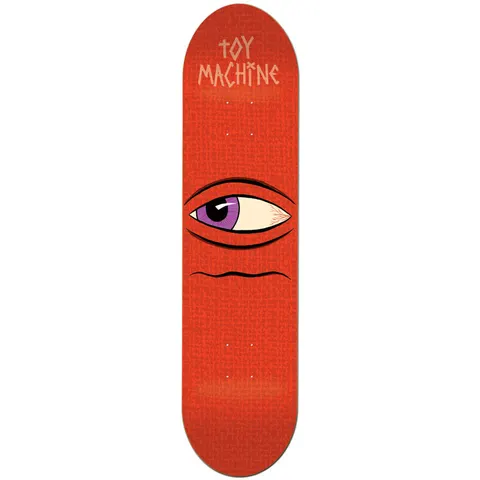 Toy Machine Side Eye Pp 7.88 skateboard deck: A large side-glancing eyeball with a purple iris and bloodshot white sits within heavy black lids above a wavy mouth line on a textured orange deck. Pale lettering is at the top.