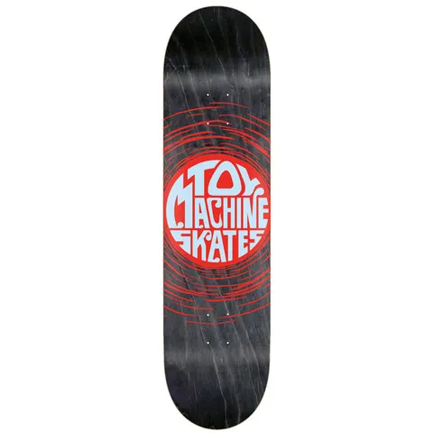 Toy Machine Skates Red 7.63 skateboard deck: Toy Machine Skates in rounded light blue psychedelic-style lettering fills a red circle on a black stained deck, with red swirling lines radiating outwards.