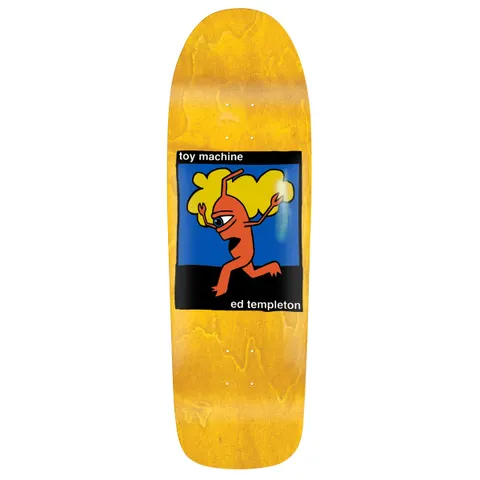 Toy Machine Ed Templeton Early Sect 9.50 skateboard deck: A running orange one-eyed Sect creature with raised arms in front of a yellow cloud, in a blue square with a black band at the bottom, on a yellow stained old-school shaped deck. Lower-case brand and rider names appear in the frame.