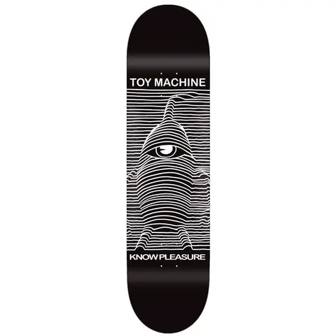 Toy Machine Toy Division 8.50 skateboard deck: Parody of a famous stacked-lines album cover: white wavy lines on black form the Toy Machine one-eyed monster. Brand name boxed above and the words Know Pleasure below.