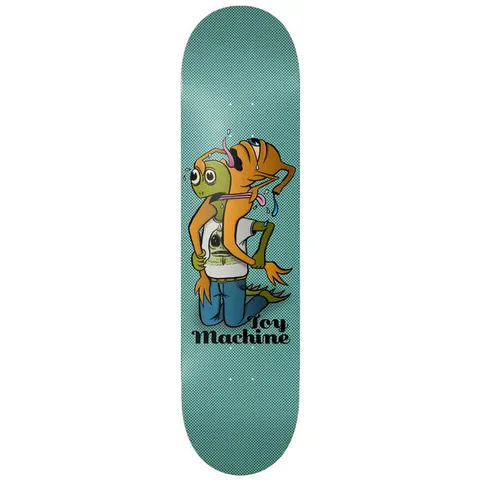 Toy Machine Turtle Boy Fight 8.25 skateboard deck: Cartoon scene of a green-faced turtle boy in a white t-shirt and jeans kneeling, being attacked by an orange tentacled creature on his shoulders that licks his face, on a teal halftone background with the Toy Machine script logo.