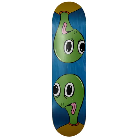 Toy Machine Turtle Boy Sym 8.25 skateboard deck: Two cartoon green alien heads with large eyes and pink tongues, one upside down above the other, mirrored on a blue deck with brown at each end.