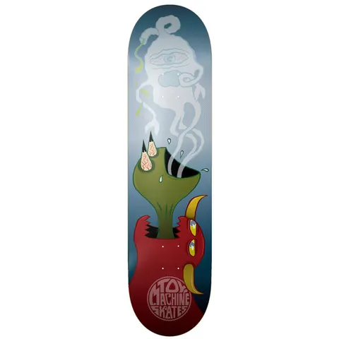 Toy Machine Who Eats Who 8.13 skateboard deck: Blue-grey gradient deck showing a green creature with horn-like claws erupting from the top of a red horned monster, with a ghostly smoke-like cloud with one eye rising above. Toy Machine round logo at the tail.