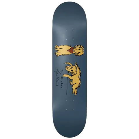 Toy Machine Myles Willard Doggies 8.25 skateboard deck: Two hand-drawn tan dogs on a slate blue deck, one sitting upright wearing a red bandana and one lying down, with a thin line and handwritten signature text beside them.