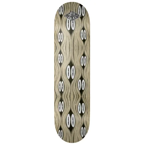 Toy Machine Myles Willard / Ladouceur 8.50 skateboard deck: Natural wood-toned deck covered in a repeating pattern of wavy, hair-like lines forming vertical rows of pale oval eyes with slit pupils. A diamond-shaped badge with rider and brand names sits at the nose.