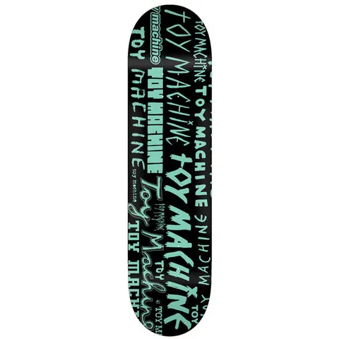 Toy Machine Word Marks Black 8.25 skateboard deck: Black deck covered in an overlapping jumble of the brand name in different fonts, scrawled, stencilled and bold, all in mint green.