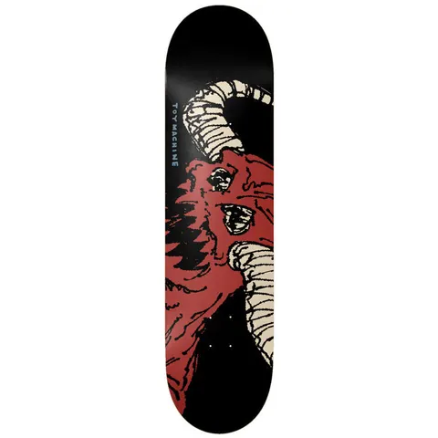 Toy Machine Wth Vice 8.38 skateboard deck: Black deck with a rough-drawn red demon head with large ribbed cream horns and open fanged mouth, cropped by the right edge. Brand name in small blue lettering runs up the left.