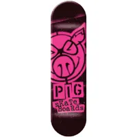 Pig Stencil Pink skateboard deck: A large pink stencil-style pig head with angry eyes and a grinning snout above the brand name in cut-out ransom-note letters, on a dark maroon sprayed background.